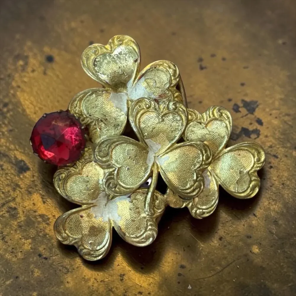 Victorian Lucky Shamrock Buckle Half Ruby Glass Antique Brass Sash Brooch